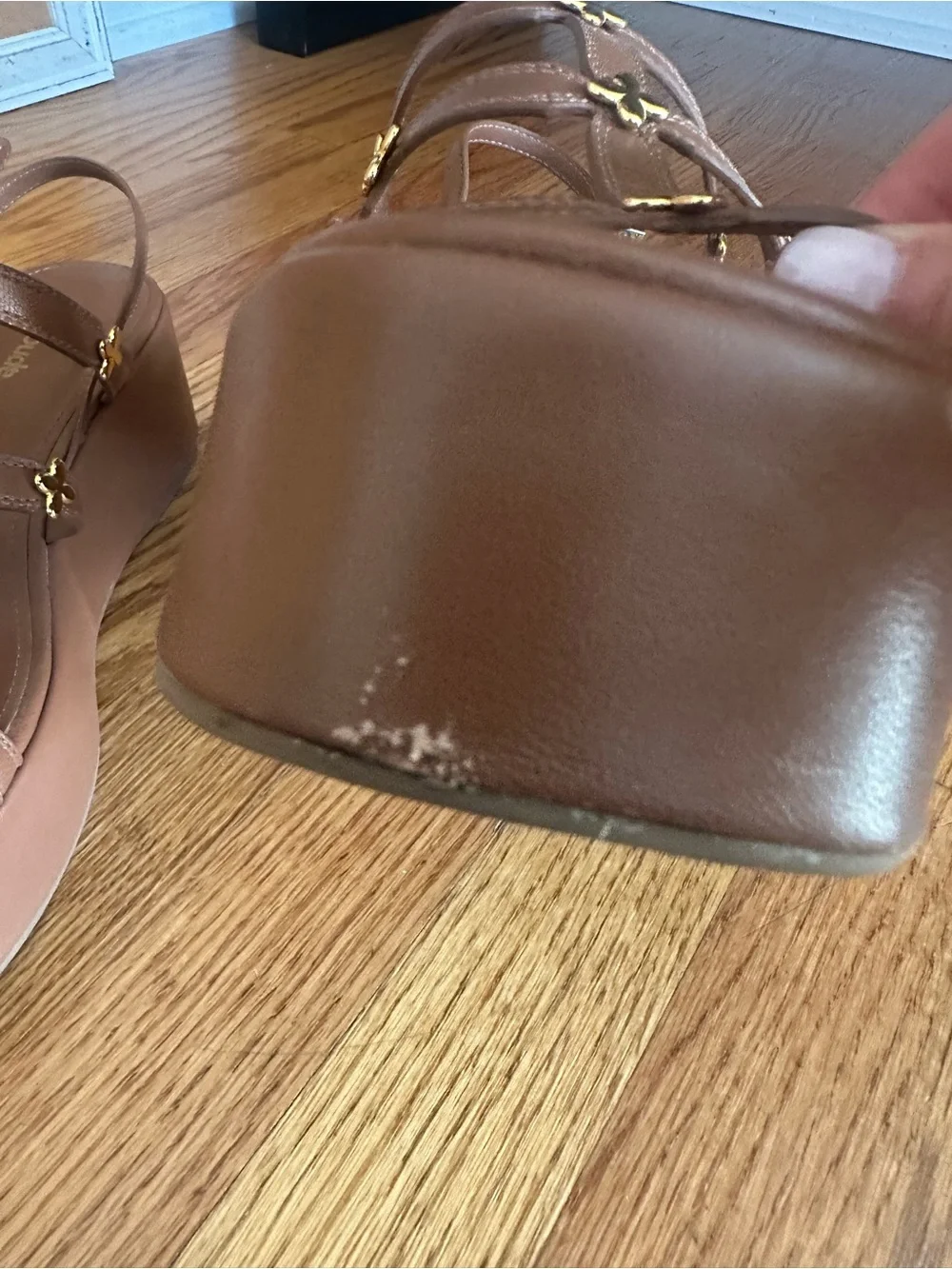 Larroude Brown Platform Slingback Sandals with Gold Flower Charms